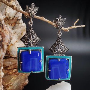 Solid Sterling Silver 925/Earrings Raw Diamonds Blue Lace Agate Stone
